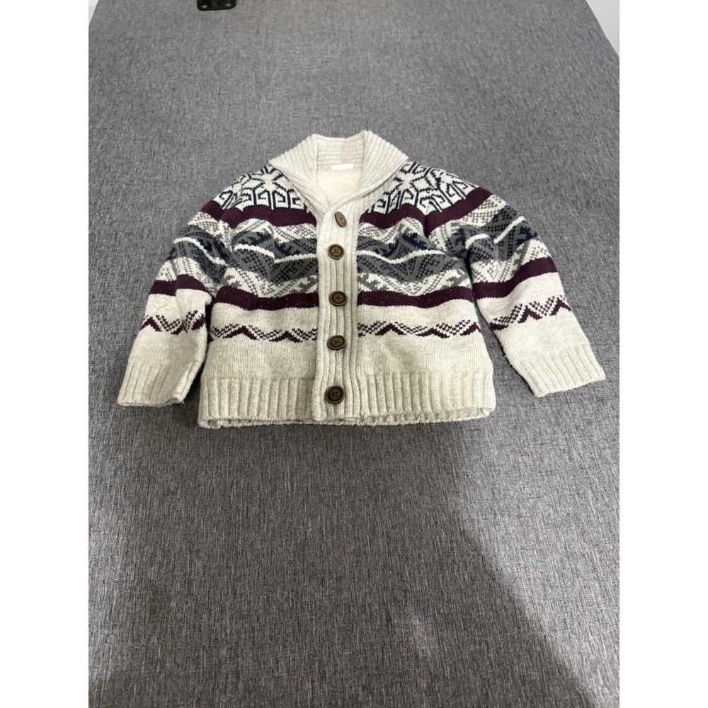 F&F Off White Multi Boys Knitted Fleece Cardigan Jumper Button Up Sz 3T